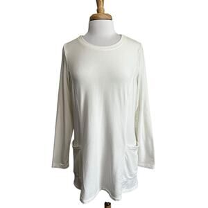Susan Graver Weekend Comfort Knit Tunic Top with Pockets Ivory Medium